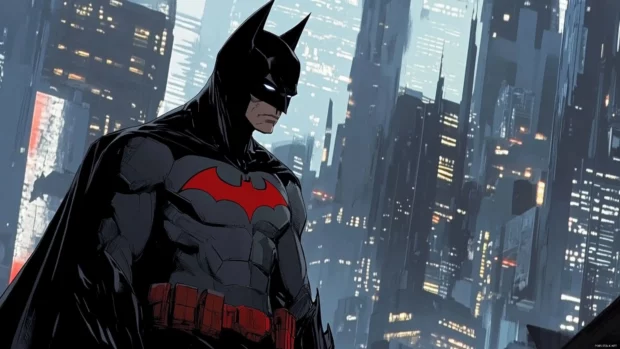 Batman beyond in futuristic city, suitable for sci fi Batman PC wallpapers.