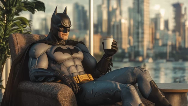 Batman café moment, skyline view, coffee in hand, cape resting on chair.