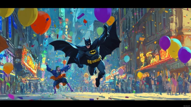 Batman chases Joker, colorful carnival, balloons flying, confetti in the air.