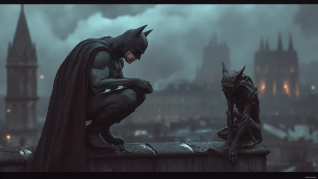 Batman crouching over a rooftop gargoyle, intense dark wallpaper for PC.