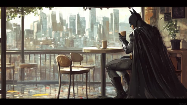 Batman day off, sipping coffee, café skyline view, cape on chair.