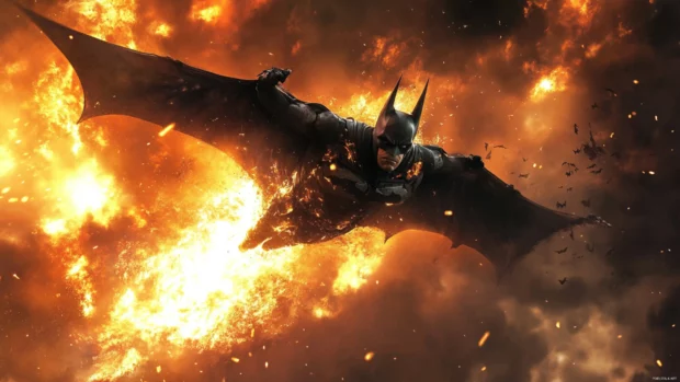 Batman emerging from a crashed Batwing in flames.