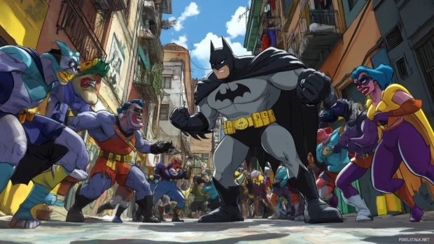 Batman facing off against a group of comically exaggerated villains in a colorful Gotham alley, with each villain displaying their unique characteristics.