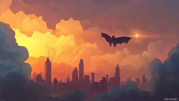 Batman flying over vibrant city skyline, dusk sky, bright Bat Signal, colorful clouds.