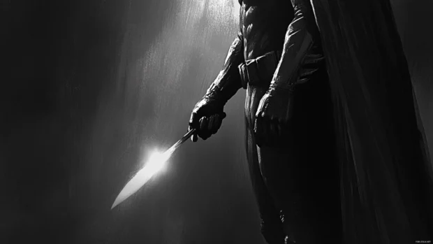 Batman holding a Batarang with a spotlight on his hand.