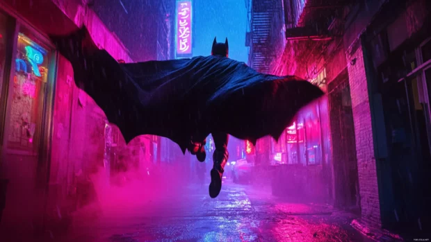 Batman leaping through a neon lit alley with his cape spread wide.