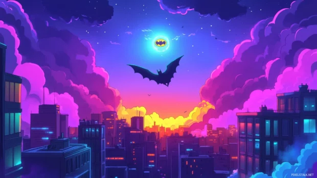 Batman soaring through a vibrant city skyline at dusk, with the Bat Signal shining brightly in the sky, surrounded by colorful clouds.