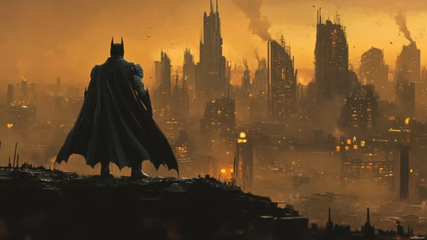 Batman standing alone in a post apocalyptic Gotham.