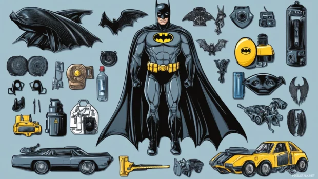 Batman standing confidently with his cape billowing in the wind, surrounded by his iconic gadgets and vehicles, in a dynamic comic book panel layout.