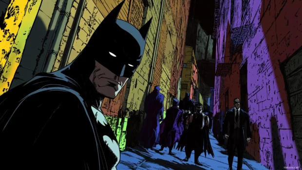 Batman vs cartoon villains, colorful Gotham alley, each with wild traits.