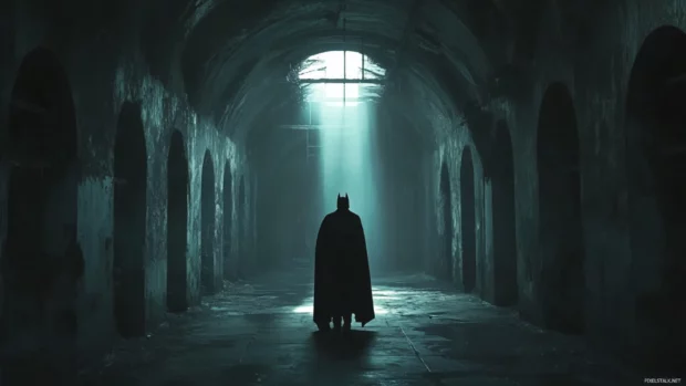 Batman walking through Arkham Asylum with eerie lighting.