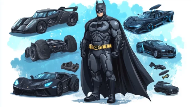 Batman with cape flowing, gadgets and vehicles around, bold comic layout.