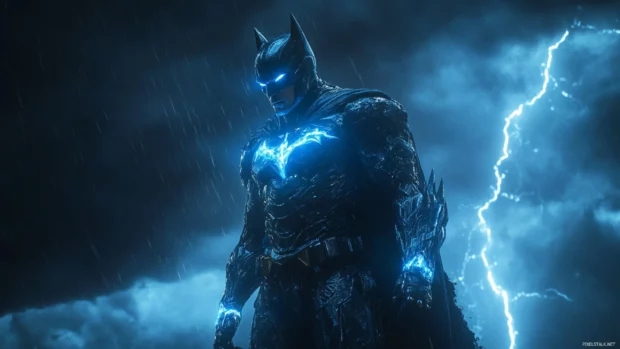 Batman with electric blue armor standing in a storm.