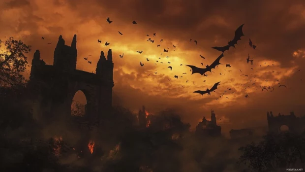 Bats swirling through twilight skies over ancient ruins.