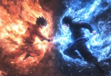 Battle between Naruto and Madara with ethereal chakra effects, dynamic Naruto backgrounds for desktop.