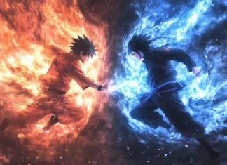 Battle between Naruto and Madara with ethereal chakra effects, dynamic Naruto backgrounds for desktop.