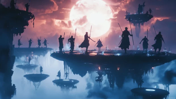 Battle between light and shadow armies on floating platforms, cinematic fantasy desktop 4K art.