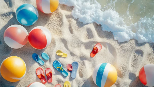 Beach balls and flip flops scattered across the shore, symbols of playful summer joy.