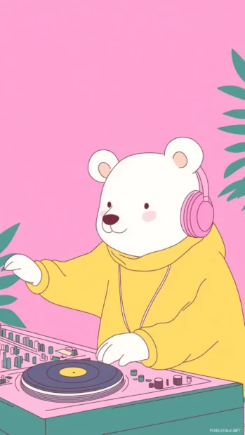 Bear DJ spinning records on a candy colored deck, Soft pastel music vibes wallpaper.