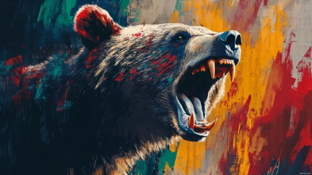 Bear roaring from behind tags in split color contrasts.