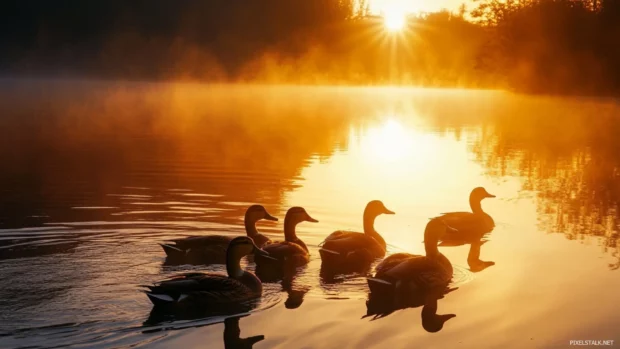 Beautiful Duck wallpaper with a sunrise reflecting on the pond and ducks swimming calmly.