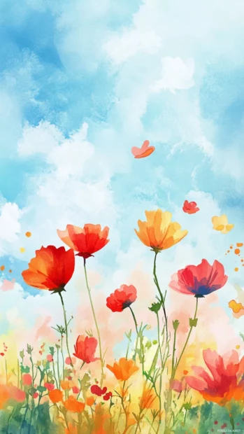 Beautiful Watercolor Phone Background Of A Blooming Meadow With Vibrant Colors.