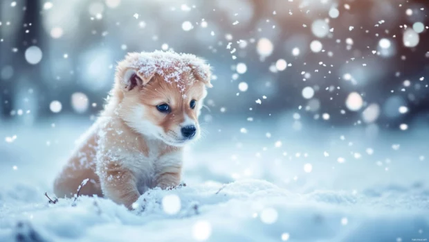Beautiful bokeh shot of a Husky puppy in the snow, a must have for fans of winter puppy wallpapers.