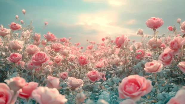 Beautiful field filled with Pretty Roses in full bloom inspired by rose garden wallpaper.