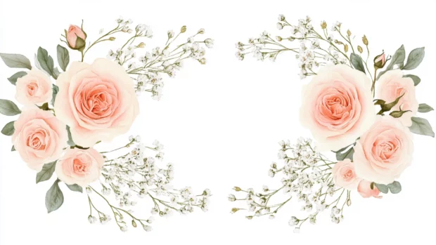 Beautiful floral wreath with blush pink roses and delicate baby breath.