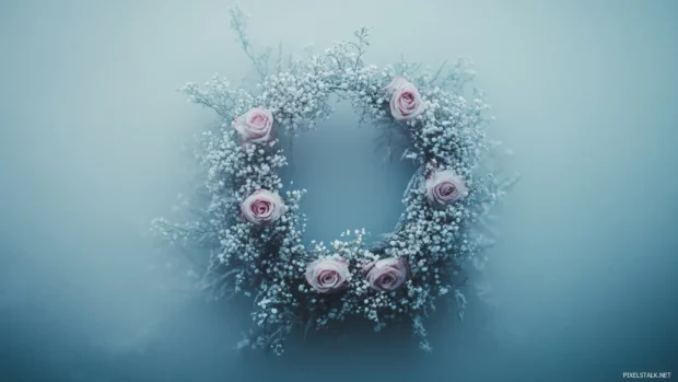 Beautiful floral wreath with blush pink roses and delicate baby breath.