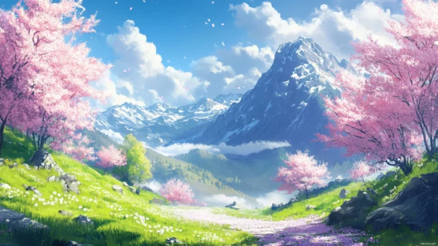 Beautiful pretty background, Mountain valley covered in pretty spring blooms.