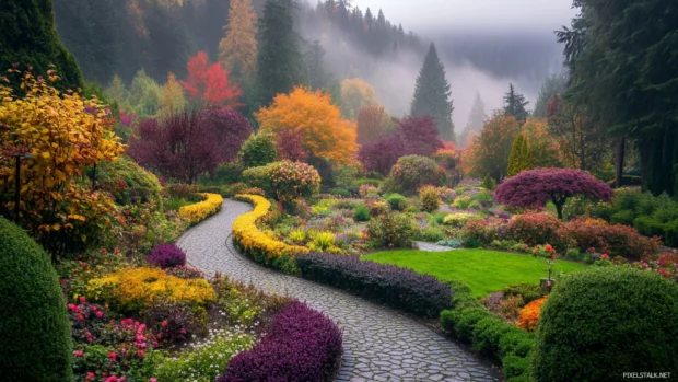 Beautiful pretty desktop wallpaper featuring a vibrant garden surrounded by a dreamy mist.