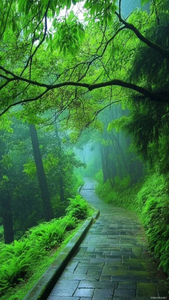 Beautiful pretty mobile wallpaper, Quiet pretty forest pathway covered in mist.