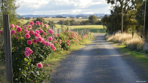 Beautifull Roses scattered along quiet country lane.