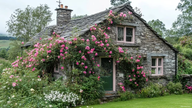 Beautifull Roses twining along stone cottage walls.