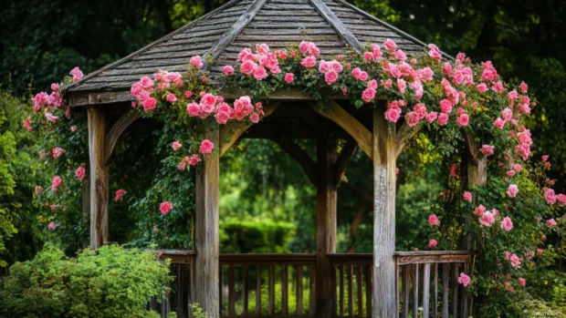 Beautifull Roses wrapped around weathered gazebo.