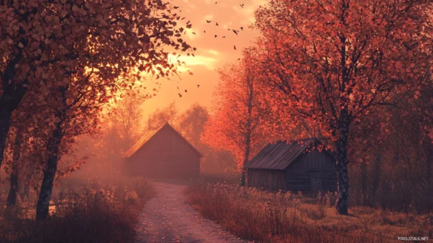 Beautifull barns surrounded by flaming trees.