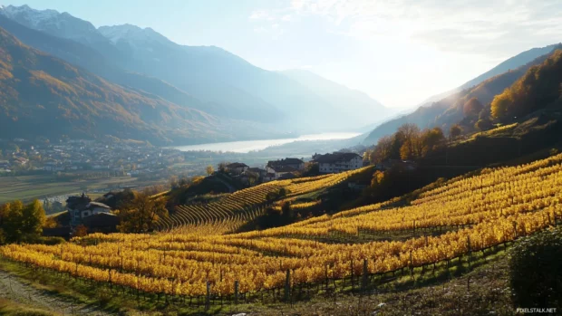 Beautifull golden vineyards basking in soft sunlight.