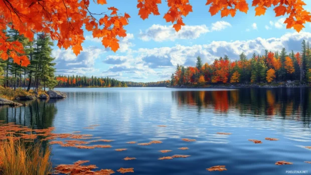 Beautifull maple leaves floating across a serene lake.