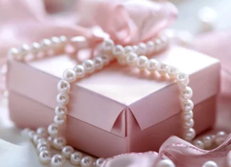 Beautifully wrapped pink gift box with satin ribbon and pearls.
