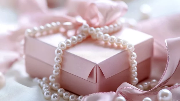 Beautifully wrapped pink gift box with satin ribbon and pearls.