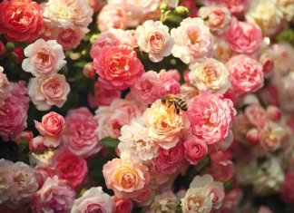 Bees buzzing among Beautifull Roses in bloom.