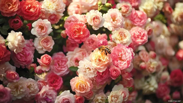 Bees buzzing among Beautifull Roses in bloom.