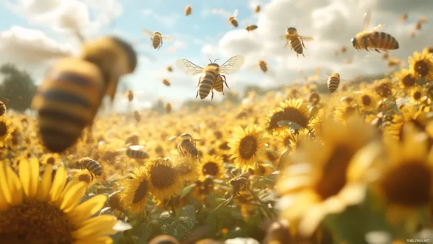Bees buzzing energetically around a sunflower field.