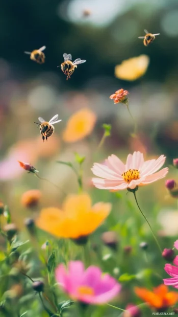 Bees dancing above colorful Pretty Flower blooms.