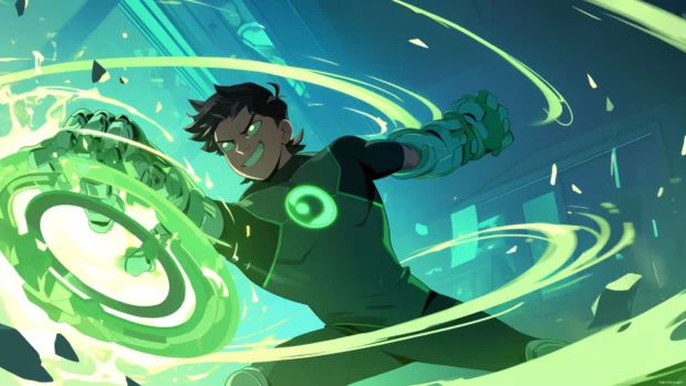 Ben 10 activating Omnitrix with green energy swirling around.