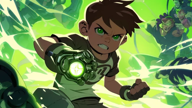 Ben 10 activating his Omnitrix surrounded by green alien light.