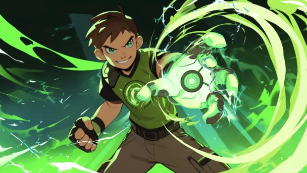 Ben 10 mid transformation with glowing circuits swirling around him.
