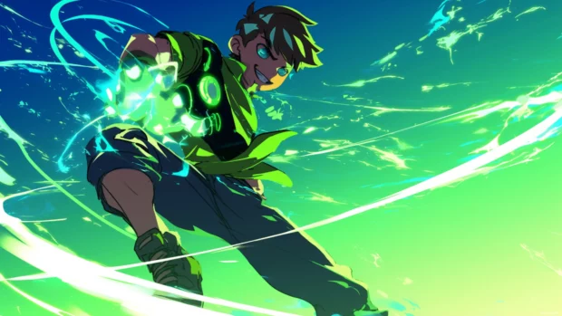 Ben 10 transforming mid jump with tech lines glowing around him.