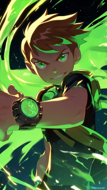 Ben 10 with his watch glowing green as sparks fly in space.